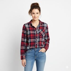 Woolrich 100% Cotton Flannel Shirt M | Red White Navy Blue Tartan Plaid 1 Pocket